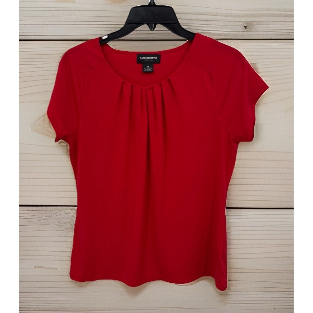 Liz Claiborne Career  Top Womens Medium Red Short Sleeve Blouse Pleated Neck